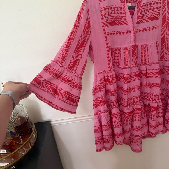 Elan Pink Red Embroidered Boho Tiered Charli Mini Dress Bell Sleeve Size M - Picture 5 of 6